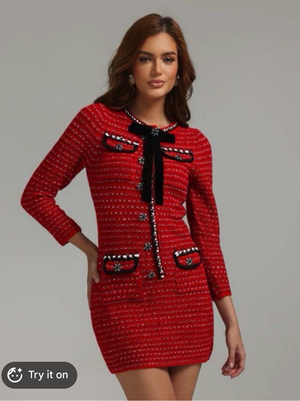 Self-Portrait Red Tweed Mini Dress with Black Trim
